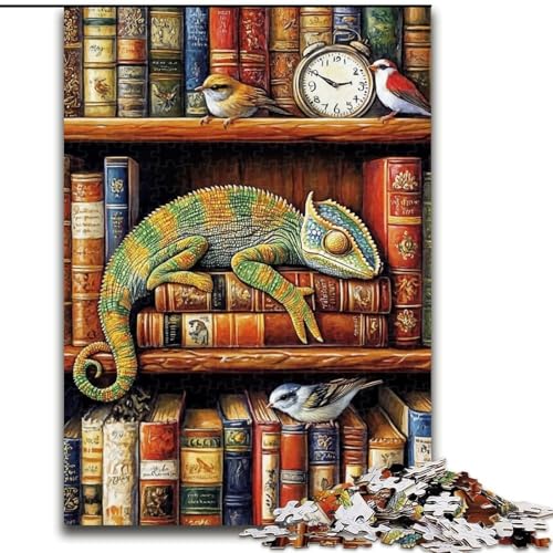 1000-teiliges Puzzle „Chamäleon auf Bücherregal“, 1000-teiliges Puzzle, anspruchsvolles Denkspiel, Spieleabend mit der Familie (Größe 50x75cm) von WGLINGX