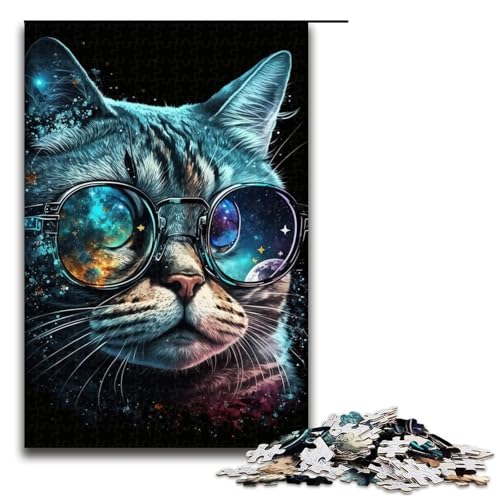 1000-teiliges Puzzle „Galaxie-Katze mit Brille“, Puzzle für Erwachsene, Holzpuzzle, Lernspiel (Größe 50 x 75 cm) von WGLINGX
