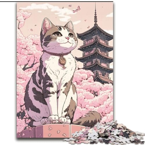 1000-teiliges Puzzle „Katze, Kirschblüte, Japan“, Puzzle für Erwachsene, 1000-teilige Aktivität für Erwachsene und die ganze Familie, DIY-Heimdekoration, Geschenk, Größe 50x75cm von WGLINGX