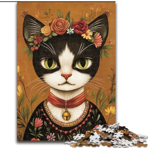 1000-teiliges Puzzle „Katze im Frida-Kahlo-Stil“, 1000 Teile, für Erwachsene, perfektes Weihnachts- und Neujahrsgeschenk, Feiertagsgeschenk (Größe 26x38cm) von WGLINGX