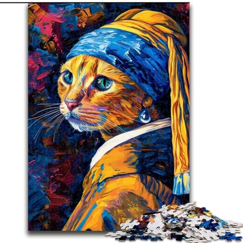 1000-teiliges Puzzle „Katze mit Perlenohrring“, 1000-teiliges Puzzle, geeignet für Geburtstage, Halloween, Thanksgiving, Ostern (Größe 50x75cm) von WGLINGX