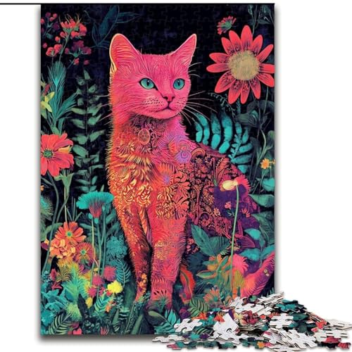 1000-teiliges Puzzle „Katze sitzt zwischen Blumen“, Puzzle 1000 Teile, Heimdekoration, Familienspaß, ab 14 Jahren (Größe 26x38cm) von WGLINGX
