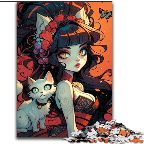 1000-teiliges Puzzle „Mädchen und Katze“, 1000-teiliges Puzzle, geeignet für Geburtstage, Halloween, Thanksgiving, Ostern (Größe 26x38cm) von WGLINGX