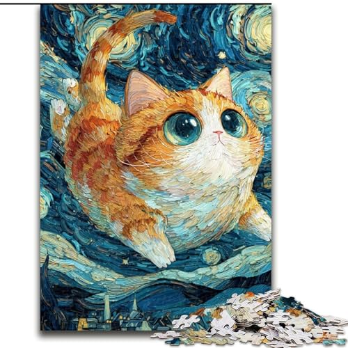 1000-teiliges Puzzle „Nachthimmel-Katze“, 1000-teiliges Puzzle, Heimdekoration, Familienspaß, ab 14 Jahren (Größe 50x75cm) von WGLINGX