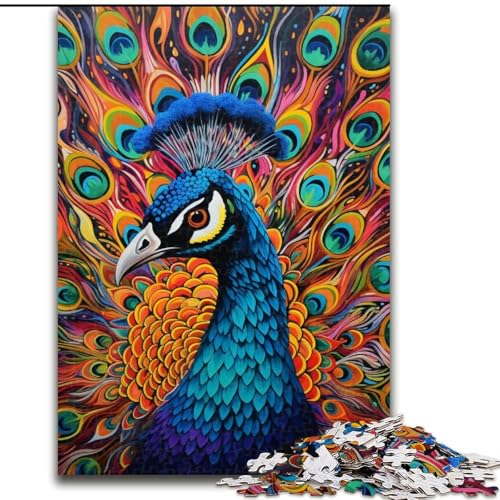1000-teiliges Puzzle „Psychedelischer Pfau“, Holzpuzzle, Geburtstage, Weihnachten, Halloween, Erntedankfest, Ostern (Größe 50x75cm) von WGLINGX
