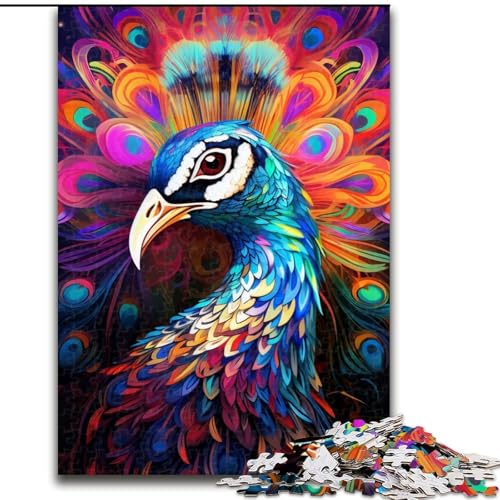 1000-teiliges Puzzle „Psychedelischer Pfau“ aus Pappe Geburtstage, Weihnachten, Halloween, Thanksgiving, Ostern (Größe 26x38cm). von WGLINGX