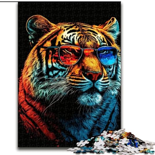 1000-teiliges Puzzle „Tiger mit Brille“, Holzpuzzle für Teenager, Familien-Lernspiele, Heimdekoration, Geschenk (Größe 26x38cm) von WGLINGX