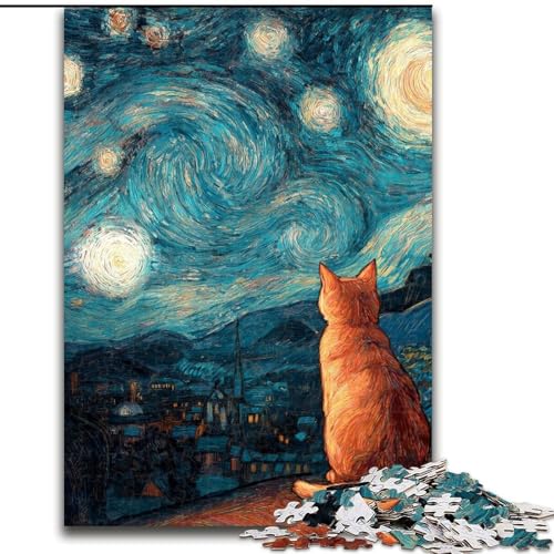 1000-teiliges Puzzle-Geschenk, Van Gogh, Nachthimmel-Katze, Puzzle für Erwachsene, Familienaktivitätsspiel, Heimdekoration, Wandkunst (Größe 50x75cm) von WGLINGX