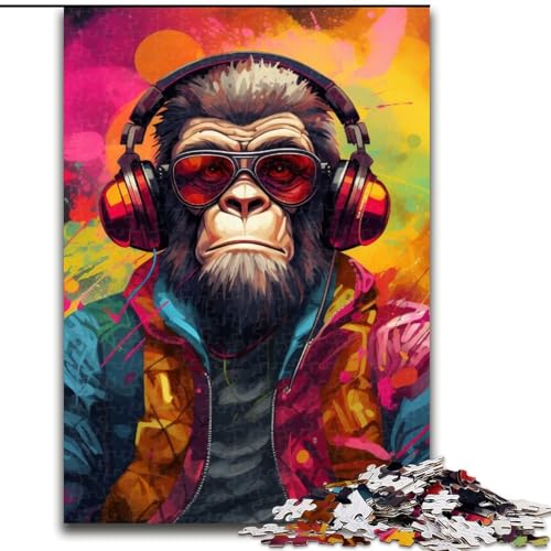 1000-teiliges Puzzle-Geschenk „Affenkopfhörer“, Holzpuzzle für Erwachsene mit interaktivem Familienspiel, Kinder ab 14 Jahren (Größe 38x26cm) von WGLINGX
