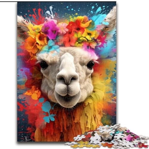 1000-teiliges Puzzle-Geschenk „Alpaka trägt Blumen“, Holzpuzzle für Erwachsene mit interaktivem Familienspiel, Kinder ab 14 Jahren (Größe 38x26cm) von WGLINGX