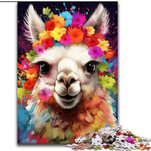 1000-teiliges Puzzle-Geschenk „Alpaka trägt Blumen“, Holzpuzzle für Erwachsene mit interaktivem Familienspiel, Kinder ab 14 Jahren (Größe 38x26cm) von WGLINGX