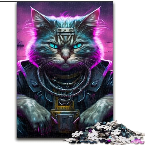 1000-teiliges Puzzle-Geschenk „Neonkatze“, Holzpuzzle für Erwachsene mit interaktivem Familienspiel, Kinder ab 14 Jahren (Größe 38x26cm) von WGLINGX