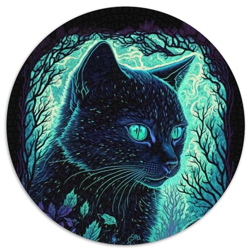 1000-teiliges Puzzle Schwarzlichtkatze, rund, 1000 Teile, für Erwachsene, interaktives Familienspiel, Denksportaufgabe, Lernspielzeug (67,5x67,5cm) von WGLINGX