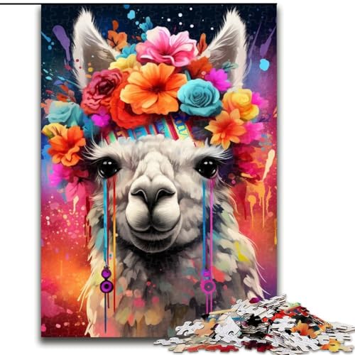 1000-teiliges Puzzle für Erwachsene, Alpaka mit Blumen, Holzpuzzle für Erwachsene, anspruchsvolles Denkspiel für Teenager, perfekt als Heimdekoration oder Geschenk (Größe 50x75cm) von WGLINGX