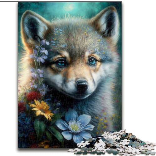 1000-teiliges Puzzle für Erwachsene, Babywolf mit Blumen, Holzpuzzle für Erwachsene, Weihnachten, Halloween, Muttertag, Neujahr, Ostergeschenk (Größe 26x38cm) von WGLINGX