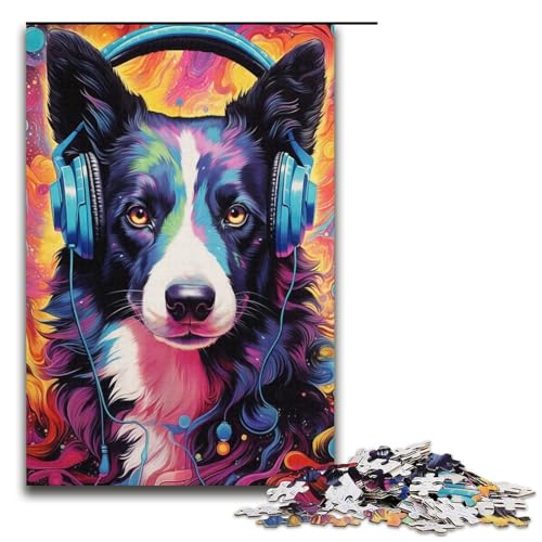 1000-teiliges Puzzle für Erwachsene, Border-Collie-Kopfhörer, Spielspielzeug, Gehirnintelligenz-Herausforderung, süchtig machendes Spielzeug, 38 x 26 cm von WGLINGX