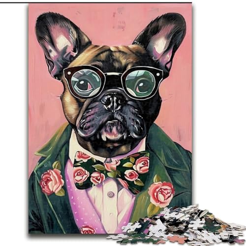 1000-teiliges Puzzle für Erwachsene, Französische Bulldogge im Anzug, Puzzles für Erwachsene, pädagogisches und unterhaltsames Indoor-Spiel zur Heimdekoration (Größe 50x75cm) von WGLINGX