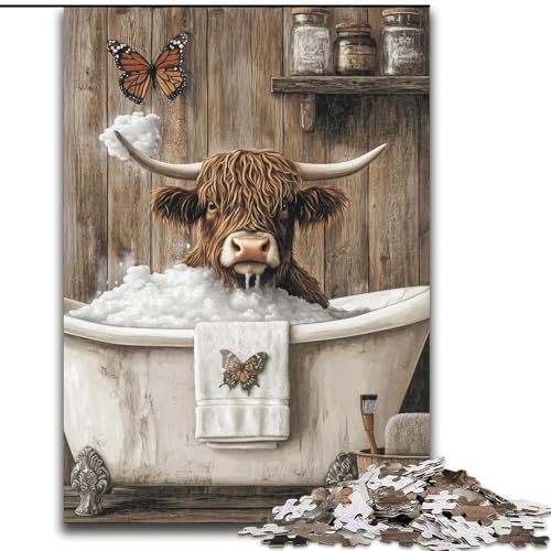 1000-teiliges Puzzle für Erwachsene, Hochlandkuh im Badezimmer, 1000-teiliges Puzzle, Geschenke, unmöglich, lehrreich, Heimdekoration, Spiele und Geschenke (Größe 26x38cm) von WGLINGX
