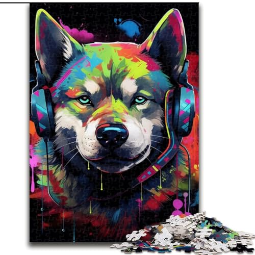 1000-teiliges Puzzle für Erwachsene, Husky mit Kopfhörern, Holzpuzzle, pädagogisches und unterhaltsames Indoor-Spiel für die Heimdekoration (Größe 38x26cm) von WGLINGX
