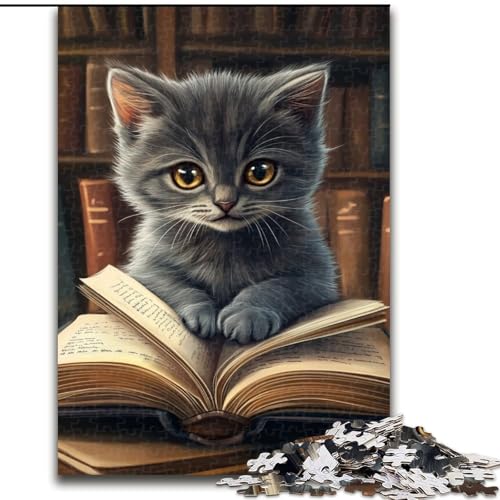 1000-teiliges Puzzle für Erwachsene, Kätzchen liest, Holzpuzzle für Erwachsene, Geburtstage, Weihnachten, Halloween, Erntedankfest, Ostern (Größe 50x75cm) von WGLINGX