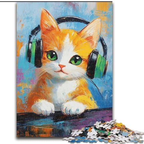 1000-teiliges Puzzle für Erwachsene, Katze hört Musik, 1000-teiliges Puzzle für Erwachsene für Geburtstage, Feiertage und besondere Anlässe (Größe 26x38cm) von WGLINGX