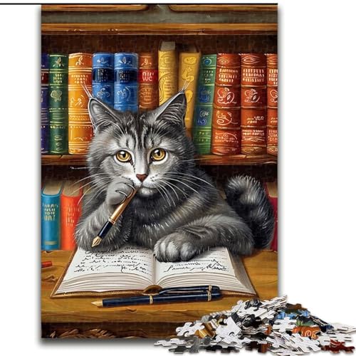 1000-teiliges Puzzle für Erwachsene, Katze liest, Holzpuzzle für Erwachsene, Geburtstage, Weihnachten, Halloween, Erntedankfest, Ostern (Größe 50x75cm) von WGLINGX