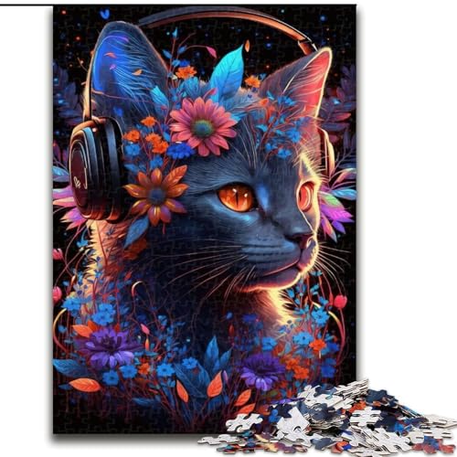 1000-teiliges Puzzle für Erwachsene, Katze und Blume, Neon-Puzzle, 1000 Teile, anspruchsvolles Denkspiel für Teenager, perfekt als Heimdekoration oder Geschenk, Größe 50x75cm von WGLINGX