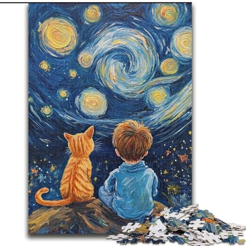 1000-teiliges Puzzle für Erwachsene, Katze und Kleiner Junge, Puzzle für Erwachsene, 1000 Teile, ideales Urlaubs- oder Geburtstagsgeschenk, Partyspielspielzeug (Größe 26x38cm) von WGLINGX
