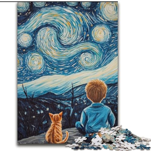 1000-teiliges Puzzle für Erwachsene, Katze und Kleiner Junge, Puzzle für Erwachsene, 1000-teiliges lustiges Geschenk und Aktivität für zu Hause (Größe 26x38cm) von WGLINGX