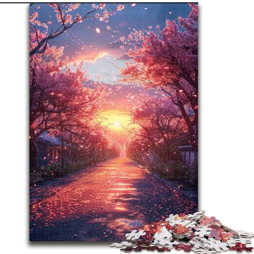 1000-teiliges Puzzle für Erwachsene, Kirschblütenstraße, Holzpuzzle, ideal für Büro, Schlafzimmer, Wohnzimmerdekoration (Größe 50x75cm) von WGLINGX