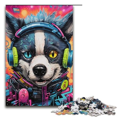 1000-teiliges Puzzle für Erwachsene, Kopfhörer, Hund, Lernspiel für Geburtstag, Weihnachten (Größe 38 x 26 cm) von WGLINGX