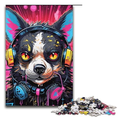 1000-teiliges Puzzle für Erwachsene, Kopfhörer, Hund, Lernspiel für Geburtstag, Weihnachten (Größe 38 x 26 cm) von WGLINGX
