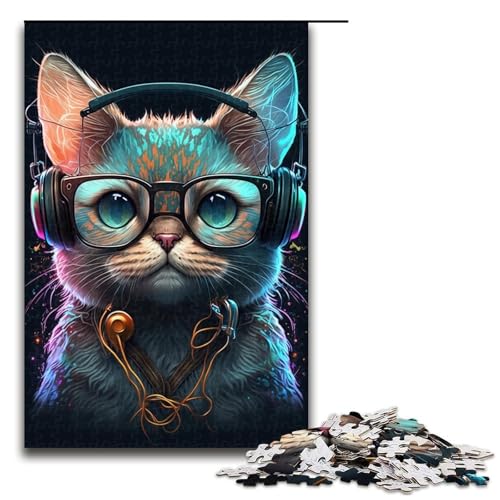 1000-teiliges Puzzle für Erwachsene, Kopfhörer, Katzen-Puzzlespiel, Geburtstagsgeschenk, Geschenke, Wandkunst (Größe 50 x 75 cm) von WGLINGX