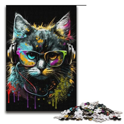 1000-teiliges Puzzle für Erwachsene, Kopfhörer, Katzen-Puzzlespiel, Weihnachtswunschliste mit Weihnachtsmann (Größe 38 x 26 cm) von WGLINGX
