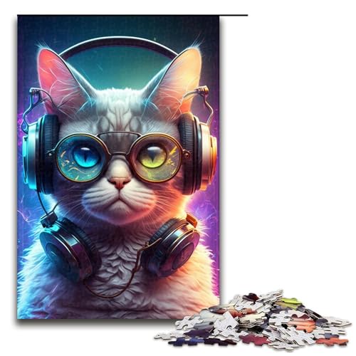 1000-teiliges Puzzle für Erwachsene, Kopfhörer, Katzen-Puzzlespiel, Weihnachtswunschliste mit Weihnachtsmann (Größe 50 x 75 cm) von WGLINGX