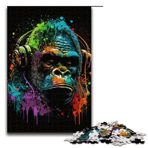 1000-teiliges Puzzle für Erwachsene, Kopfhörer, Schimpansen-Puzzlespiel, Weihnachtswunschliste mit Weihnachtsmann (Größe 50 x 75 cm) von WGLINGX