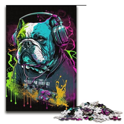 1000-teiliges Puzzle für Erwachsene, Kopfhörer-Bulldoggen-Puzzle als Geschenk (Größe 38 x 26 cm) von WGLINGX