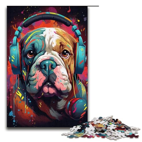 1000-teiliges Puzzle für Erwachsene, Kopfhörer-Bulldoggen-Puzzle als Geschenk (Größe 38 x 26 cm) von WGLINGX