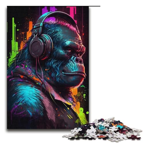 1000-teiliges Puzzle für Erwachsene, Kopfhörer-Gorilla-Puzzle für Erwachsene, Papppuzzle, dekomprimierendes intellektuelles Lernspielzeug (Größe 38 x 26 cm) von WGLINGX