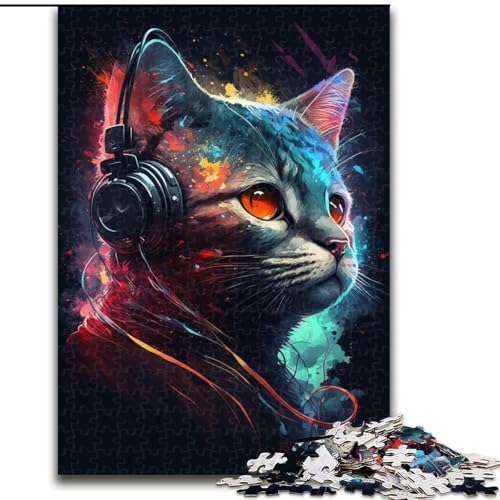 1000-teiliges Puzzle für Erwachsene, Kopfhörer-Katze, 1000-teiliges Puzzle für Erwachsene, Familieninteraktion und lustiges Geschenk, lebendiges abstraktes Design (Größe 26x38cm) von WGLINGX