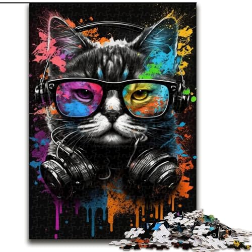 1000-teiliges Puzzle für Erwachsene, Kopfhörer-Katze, 1000-teiliges Puzzle für Erwachsene, Familieninteraktion und lustiges Geschenk, lebendiges abstraktes Design (Größe 26x38cm) von WGLINGX