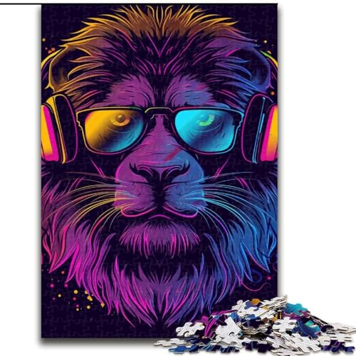 1000-teiliges Puzzle für Erwachsene, Löwe mit Kopfhörern und Sonnenbrille, Holzpuzzle, ideal für Büro, Schlafzimmer, Wohnzimmerdekoration (Größe 50x75cm) von WGLINGX