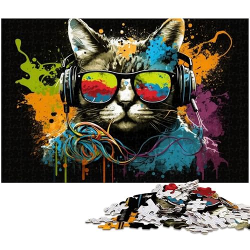 1000-teiliges Puzzle für Erwachsene, Puzzle „Katze mit Kopfhörern“, Quizspiel, geeignet als Schreibtischdekoration, Größe 50 x 75 cm von WGLINGX