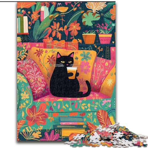 1000-teiliges Puzzle für Erwachsene, Schwarze Katze auf dem Sofa, Puzzles für 1000 Teile, Weihnachten, Halloween, Muttertag, Neujahr, Ostergeschenk (Größe 26x38cm) von WGLINGX