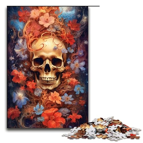 1000-teiliges Puzzle für Erwachsene, Totenköpfe und Blumen, Puzzle für Erwachsene, Holzpuzzle, Spielzeug, Wanddekoration (Größe 50 x 75 cm) von WGLINGX