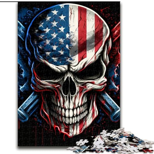 1000-teiliges Puzzle für Erwachsene, Totenkopf mit amerikanischer Flagge, 1000-teiliges Puzzle für Erwachsene, ideales Urlaubs- oder Geburtstagsgeschenk, Partyspiel-Spielzeug, Größe 26x38cm von WGLINGX
