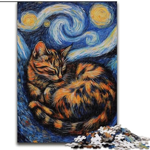 1000-teiliges Puzzle für Erwachsene, Van Gogh, Nachthimmel, Schwarze Katze, unmögliche Puzzles für Erwachsene, anspruchsvolles DIY-Denkspiel für Teenager (Größe 26x38cm) von WGLINGX