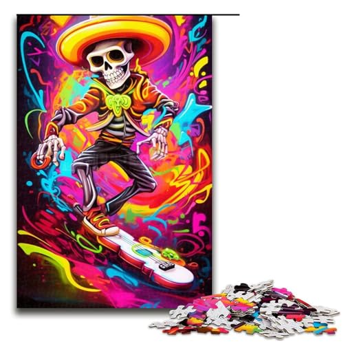 1000-teiliges Puzzle für Erwachsene, buntes Neon-Graffiti-Totenkopf-Puzzle für Erwachsene und Teenager, Holzpuzzle, tolles Geschenk (Größe 50 x 75 cm) von WGLINGX