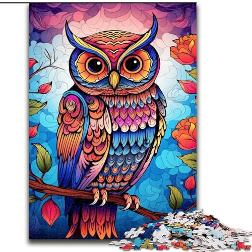 1000-teiliges Puzzle für Erwachsene, farbenfrohe Eulenkunst, Holzpuzzle, anspruchsvolles Denkspiel für Teenager, Spaß für den Spieleabend mit der Familie (Größe 26x38cm) von WGLINGX