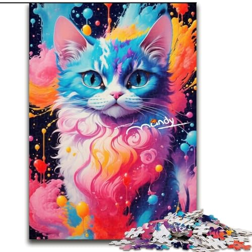1000-teiliges Puzzle für Erwachsene, farbenfrohe Katzenkunst, Holzpuzzle für Erwachsene, anspruchsvolles DIY-Denkspiel, interaktive Familienaktivität (Größe 26x38cm) von WGLINGX